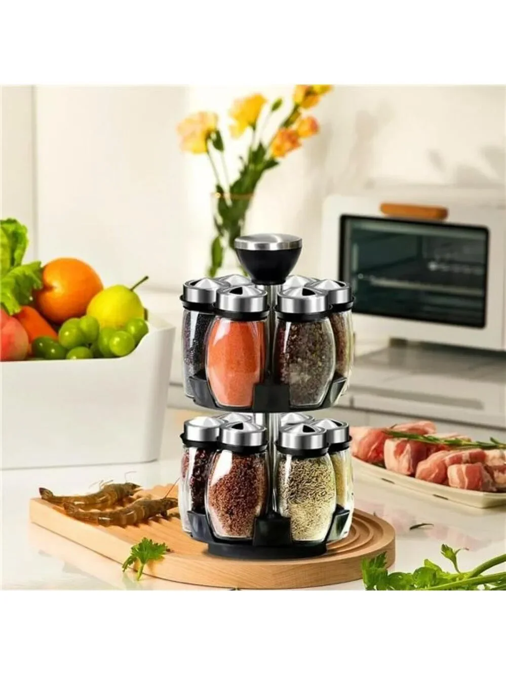 revolving spice rack organizer with 12 glass jars rotating countertop kitchen st